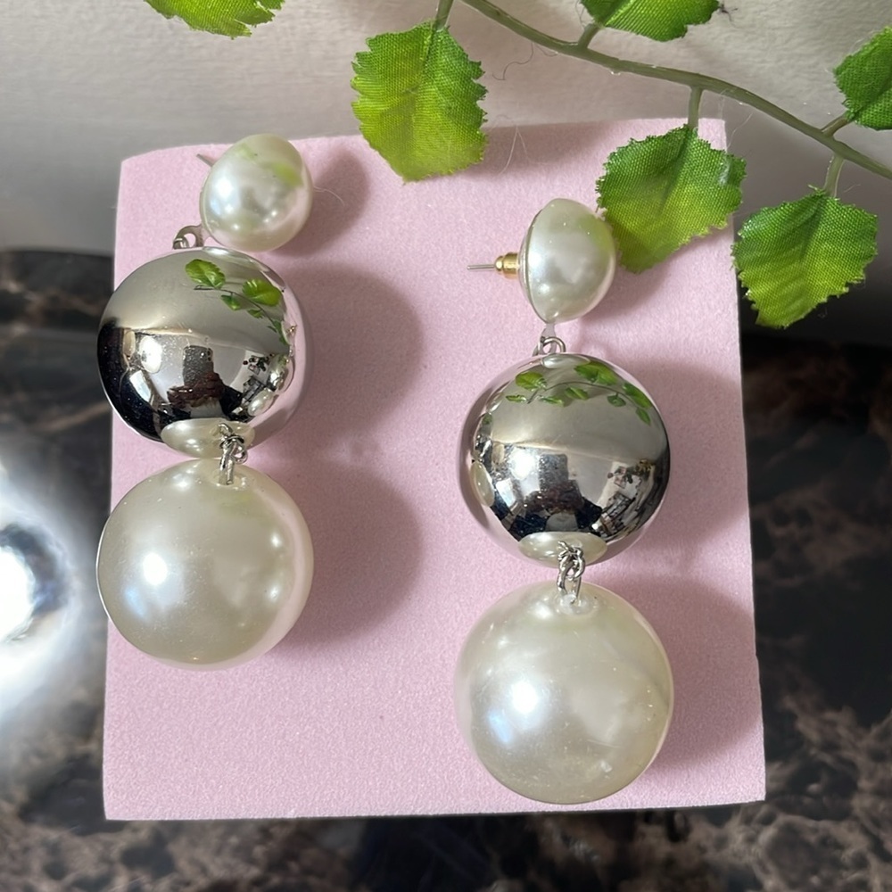 Pearl Silver Bauble Drop Earrings - Picture 14 of 16